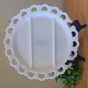 VINTAGE Milk Glass Divided Serving Platter, Scalloped Edge Heart Detail